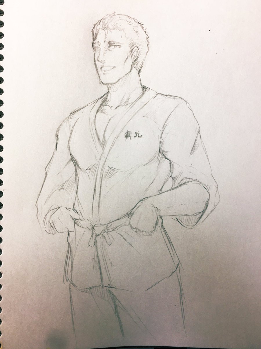 らくがき:舞元啓介 似ない似ないと弄ってたら柔道家みたいになってしまった。そもそも舞元の作務衣、腰帯ついてねぇ! 