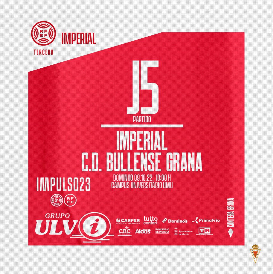 realmurciacfsad's tweet photo. #Imperial | ⚔️ ¡DÍA DE PARTIDO!
🆚 @bullense1931
🏆 #TerceraRFEF 
🗓️ Domingo 09/10 
🕐 10:00h.
🏟 @UMU 
🎟️ https://t.co/IVOnoxXiwm
⭐️ @GrupoUlvi
#CanteraGrana https://t.co/eqRlGIN7Ai