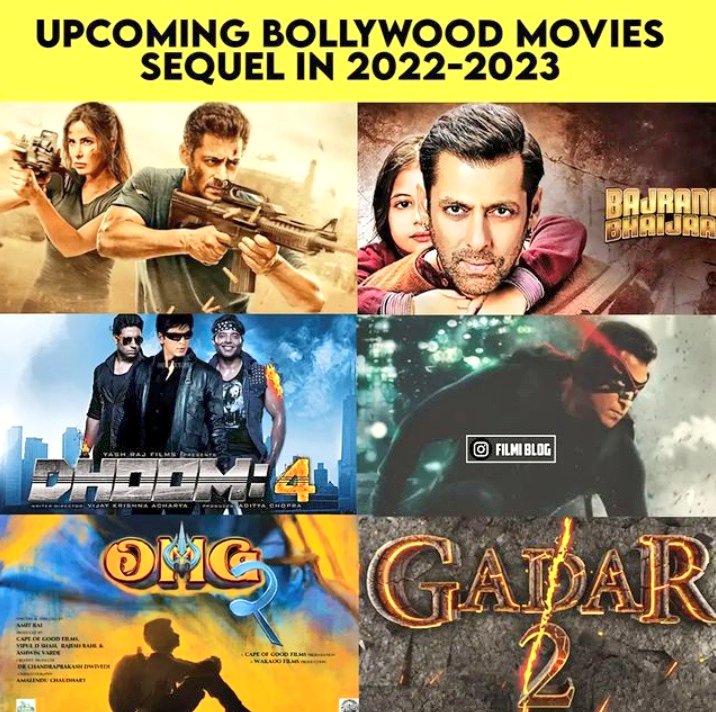 Upcoming bollywood movies sequels 
Tiger3 , BB2 , Dhoom 4 , Kick 2 , OMG 2 , Gadar 2 ,

#SalmanKhan𓃵 #KatrinaKaif #AkshayKumar𓃵 #abhishekbachan #ShahRukhKhan #JacquelineFernandez #SunnyDeol #movies