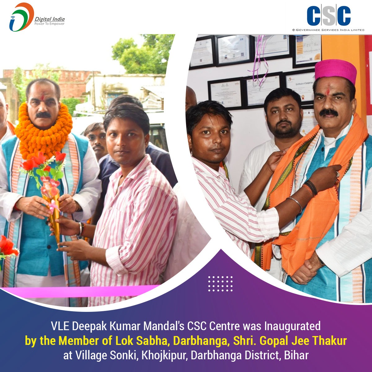 CSCegov_'s tweet photo. VLE Deepak Kumar Mandal's CSC Centre was Inaugurated by the Member of Lok Sabha, Darbhanga, Shri. Gopal Jee Thakur at Village Sonki, Khojkipur, Darbhanga District, #Bihar.

#CSC #DigitalIndia #RuralEmpowerment #sundayvibes #SundayMotivation https://t.co/jOoApIKgUo