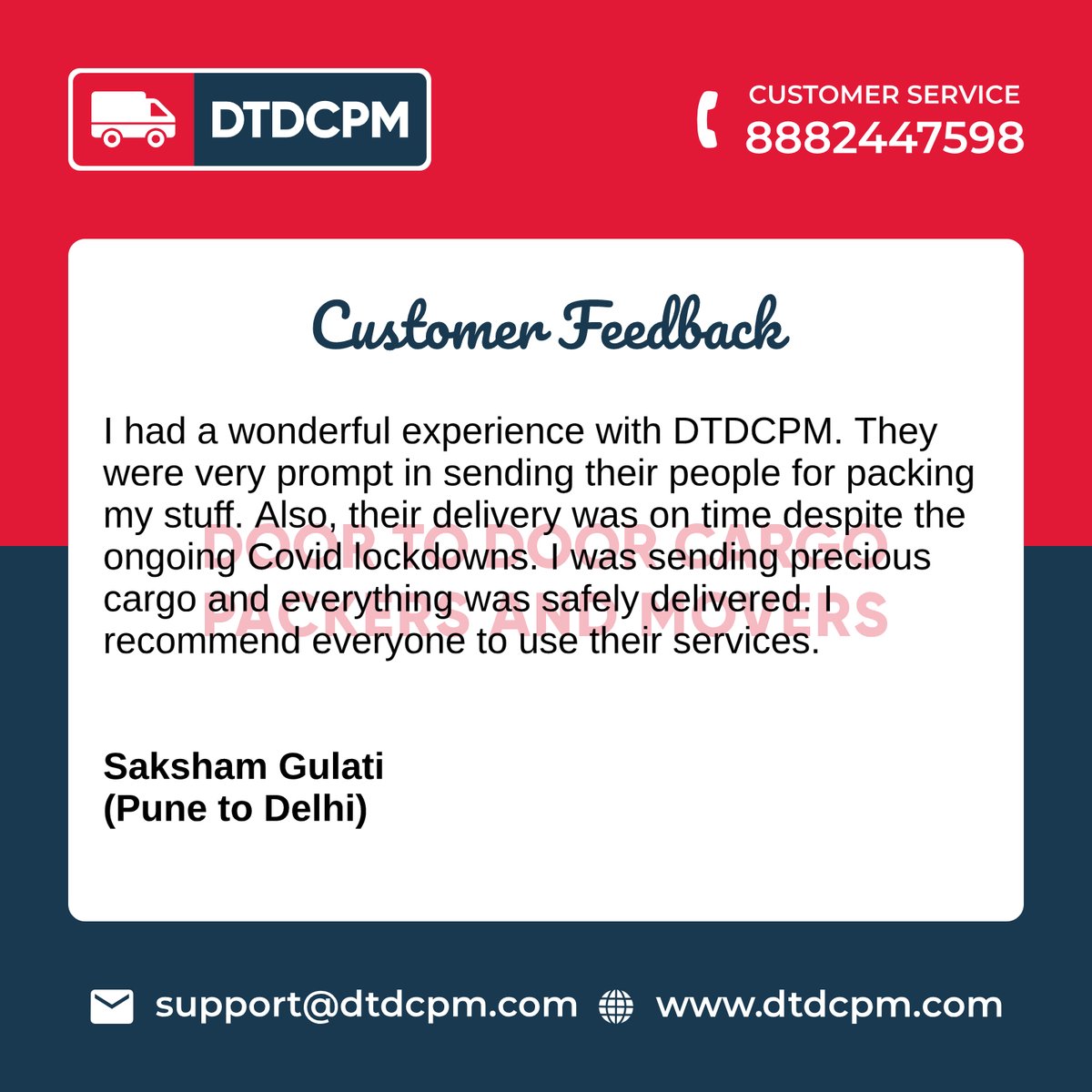 dtdcpm's tweet photo. Thank you so much Mr Saksham Gulati for your valuable feedback. For fast and smooth shifting services, visit us at https://t.co/aksRJQUIsw
.
.
.
#CustomerFeedback #HappyCustomer #HappyMoving #Feedback #Review #MoveWithDTDCPM https://t.co/GLwFRapScF