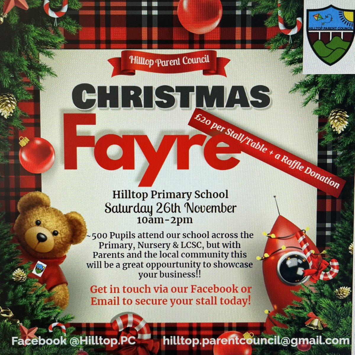 it’s time to get the date in the diary for Hilltops first ever Christmas Fayre 🎄 (subject to hall let)

we are looking for local small businesses to take a table/stall for the event, please get in touch via email to register interested

 <a href="/PrimaryHilltop/">Hilltop Primary School</a> <a href="/AirdrieHilltop/">Hilltop Nursery & LCSC</a>