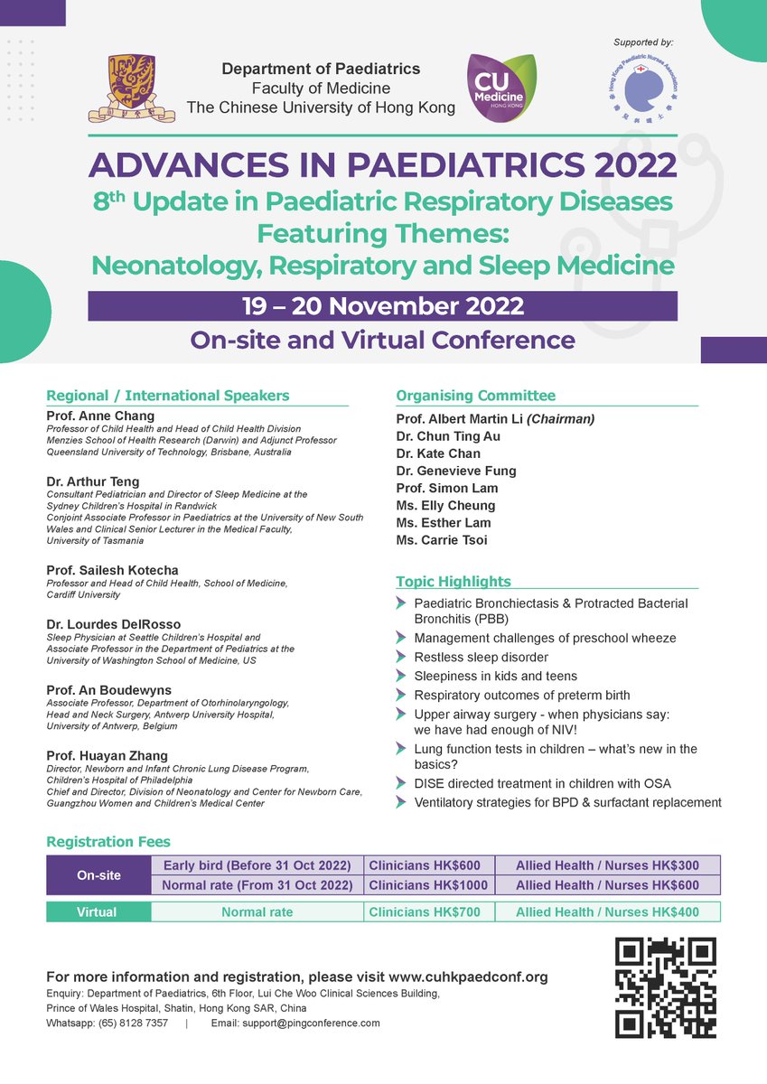 CU Paediatrics (@cuhkpaediatrics) on Twitter photo 【Advances in Paediatrics 2022】
Featuring Themes: #Neonatology, #Respiratory and #Sleep Medicine
On-site and Virtual Conference
<a href="/CUHKMedicine/">CUHK Medicine</a>
--- Details ---
Date: 19th – 20th November 2022
Website: cuhkpaedconf.org
Registration: e7tech.com/cuhkpaedconf20… 【Advances in Paediatrics 2022】
Featuring Themes: #Neonatology, #Respiratory and #Sleep Medicine
On-site and Virtual Conference
<a href="/CUHKMedicine/">CUHK Medicine</a>
--- Details ---
Date: 19th – 20th November 2022
Website: cuhkpaedconf.org
Registration: e7tech.com/cuhkpaedconf20…