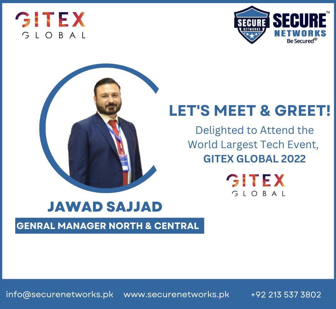 SecureNetworksp's tweet image. Let’s Meet &amp;amp; Greet !!

During the World Largest Tech Event @GITEX_GLOBAL - Dubai happening on 10th – 14th October 2022.

Looking forward to seeing you.

securenetworks.pk
+92 213 537 3802
info@securenetworks.pk

#gitex2022 #dubai #gitexglobal #tech