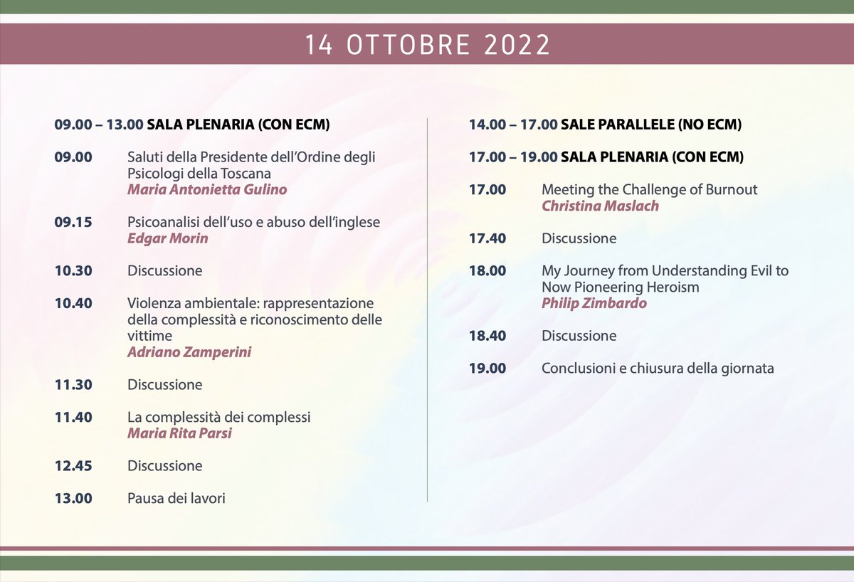 PsyViolenza's tweet photo. Convegno: PSICOLOGIA E COMPLESSITA' 
14-15 ottobre 2022
Interverranno professionisti prestigiosi di fama internazionale:
Edgar Morin, Adriano Zamperini, Maria Rita Parsi, Christina Maslach, Philip Zimbardo https://t.co/w0WQShrDvS