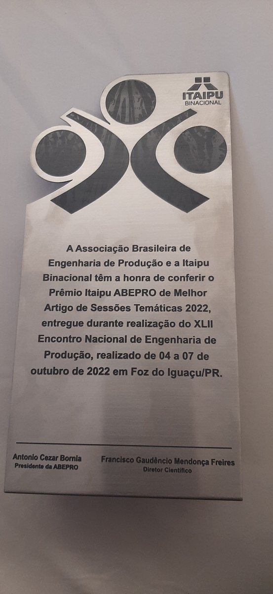 Delighted to have received the best paper award from the Brazilian Academy of Production Engineering <a href="/Abepro/">Engenharia Produção</a> at the XLII National Meeting in Production Engineering #ENEGEP22 #researchimpact #operationsmanagement