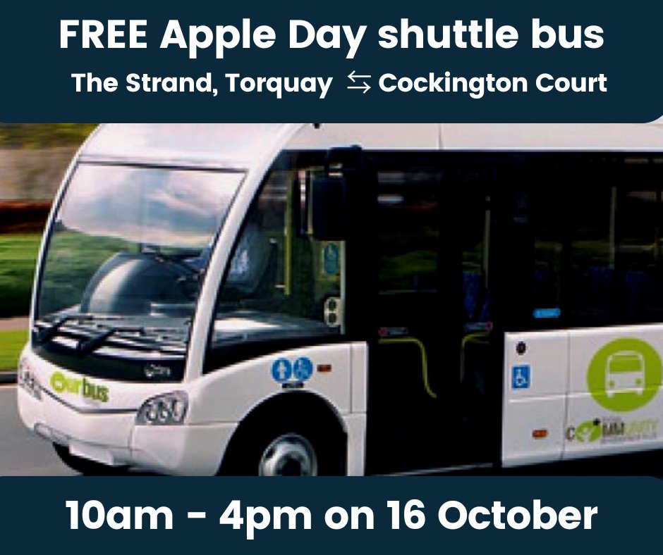 Leave the car at home on Apple Day 🍎 thanks to our shuttle bus, provided by OneBus Torbay. The 🚐 will run regularly from the Strand in Torquay to Cockington Court 10am - 4pm on Sunday 16 Oct. The bus is free, but donations are welcome! Read more: ow.ly/7OH450L4c91