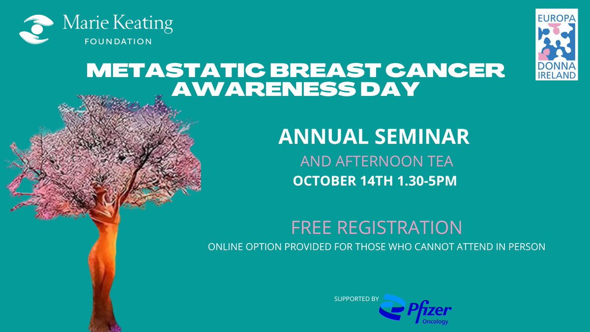 Metastatic Breast Cancer Awareness Day Oct 14th 
The Marie Keating Foundation and <a href="/europadonna/">Europa Donna</a> Ireland invite people affected by MBC to a free seminar and afternoon tea.

Proudly supported by <a href="/Pfizer_Ireland/">Pfizer Ireland</a> 

More info &amp; registration here:
mariekeating.ie/events/metasta…