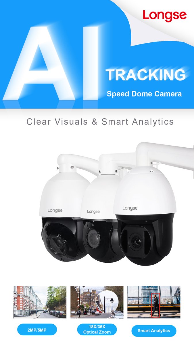 Longse_Group's tweet photo. Clear visuals over expansive areas—Longse's AI Tracking Speed Dome Camera features 18X/36X optical zoom, smart analytics to guard more effectively, and it has 2MP/5MP with a progressive scan CMOS sensor. Check it out: https://t.co/AX1ZZ9v5Kx
#cctv #ptz #aicamera #smartcam https://t.co/eUnnCiA5Ic
