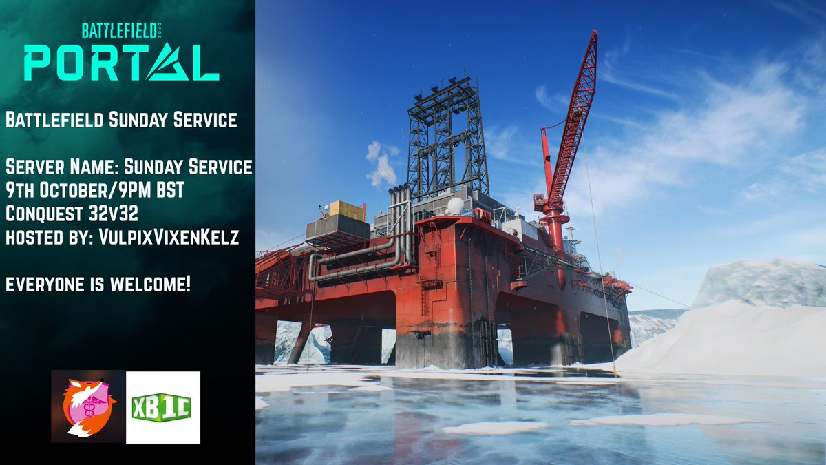 Hello! This weeks Battlefield Portal community event details 👇

Server Name: Sunday Service 
⏰️9PM BST 
32v32 Vanilla Conquest 
Stranded🛥 Breakaway❄️ 
Exposure🪨 Manifest🏗

Everyone is welcome to join in on the shenanigans, see you on the Battlefield.