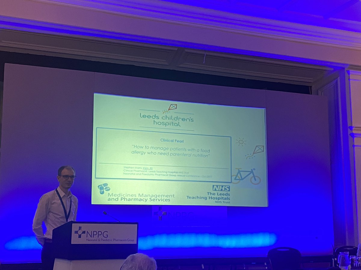 Great presentation by @sjm_85 at #NPPG2022 on how to manage patients with food allergy needing #parenteralnutrition Flying the flag for @Leeds_Childrens  @LTHPharmacy 👏🏻👏🏻