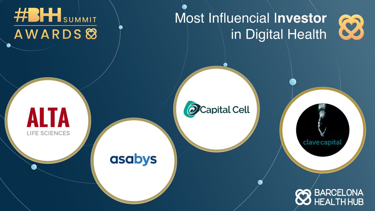 BCNHealthHub's tweet photo. Vote now for your favorite "Most Influencial Investor in Digital Health"! @CapitalCellNet, @_AltaLS, @AsabysPartners and Clave Capital are nominated for the #BHHAwards. Vote before October 23rd and make sure your favorite investor wins the award! 👉 https://t.co/RlsQPFYgr1 https://t.co/FsSAIWA60T