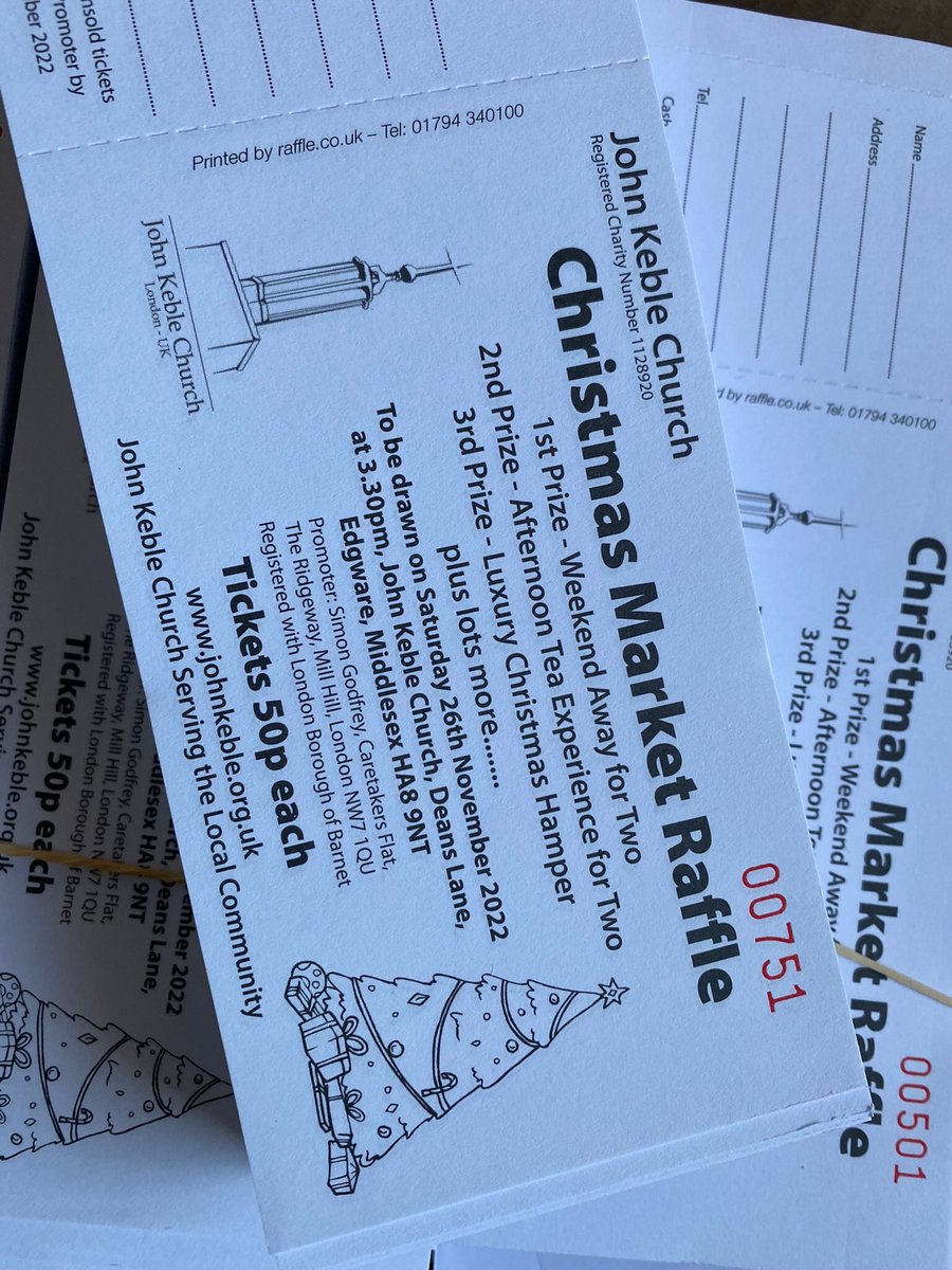 JohnKebleChurch's tweet photo. The JK Christmas Market is fast approaching and our Raffle Tickets have arrived 👏.  If you want to purchase any or can help in selling a few then please message or Speak to Terry (07710 383 988). Thank you. https://t.co/YNje6zHj0W