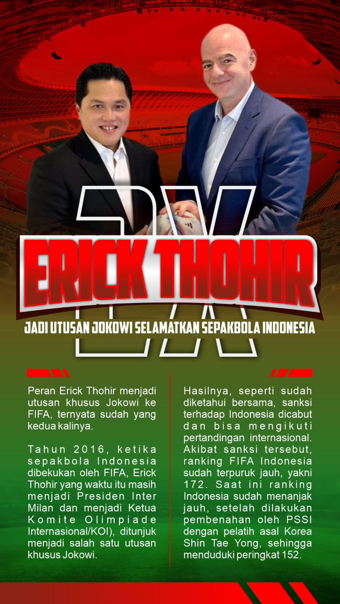 Peran <a href="/erickthohir/">Erick Thohir</a> menjadi utusan khusus Presiden <a href="/jokowi/">Joko Widodo</a> ke FIFA, ternyata sudah yg kedua kalinya, yaitu thn 2016, ketika sepakbola Indonesia dibekukan oleh FIFA.

Ketika itu Erick masih menjadi Presiden Inter Milan &amp; Ketua Komite Olimpiade Internasional (KOI)

#BangkitBersamaET