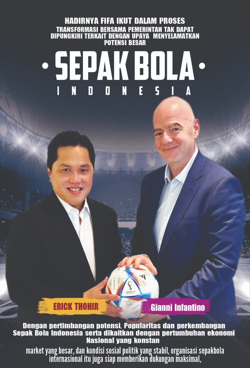 Keputusan FIFA yg tdk memberi sanksi kpd sepakbola Indonesia, bahkan akan ikut bergabung dlm transformasi sepakbola Indonesia, tak bisa lepas dr peran <a href="/erickthohir/">Erick Thohir</a> yg jd utusan khusus Presiden <a href="/jokowi/">Joko Widodo</a>

Erick menemui Presiden FIFA Gianni Infantino di Doha, Qatar

#BangkitBersamaET