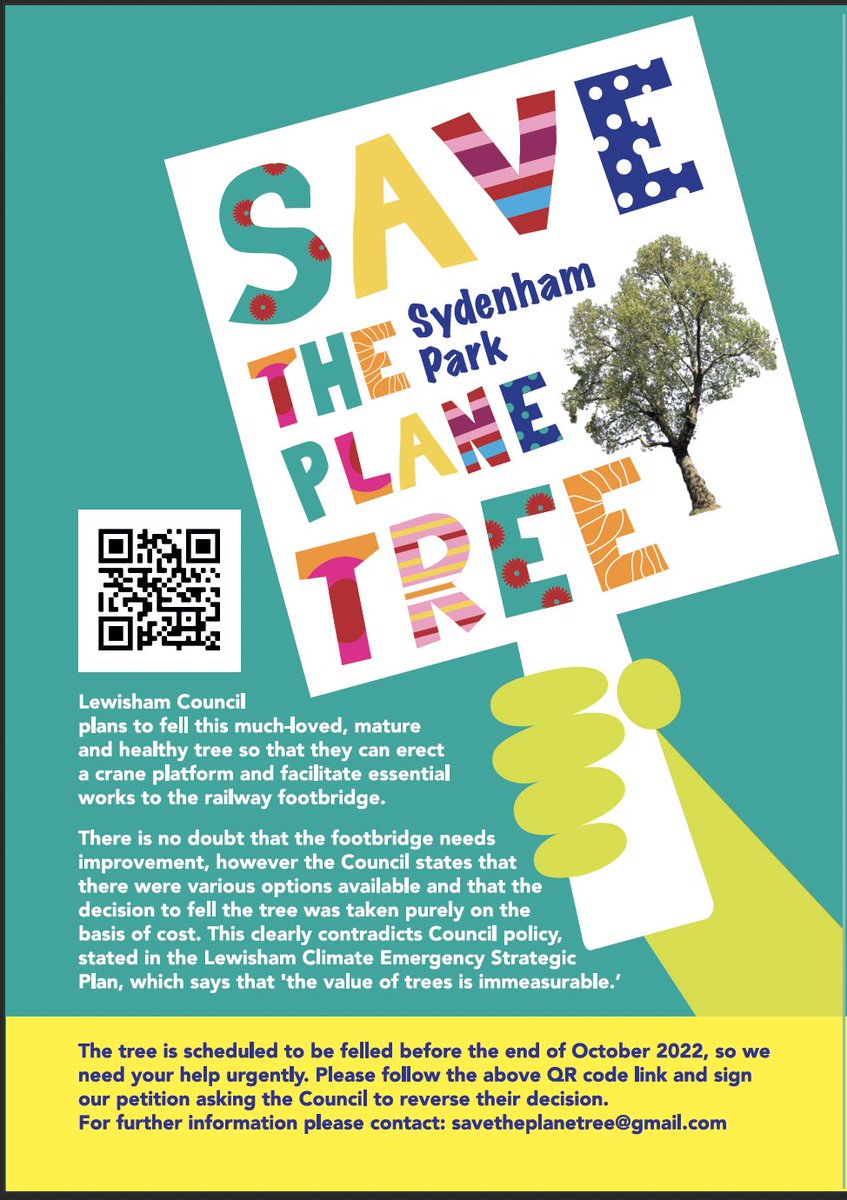 This healthy, mature plane tree is to be felled so that <a href="/LewishamCouncil/">Lewisham Council</a> can carry out footbridge repairs, a decision based on cost alone. But what price such a prominent and much-loved tree?

#savethesydenhamplane 

Please sign!

chng.it/yg4VNn5cVk
