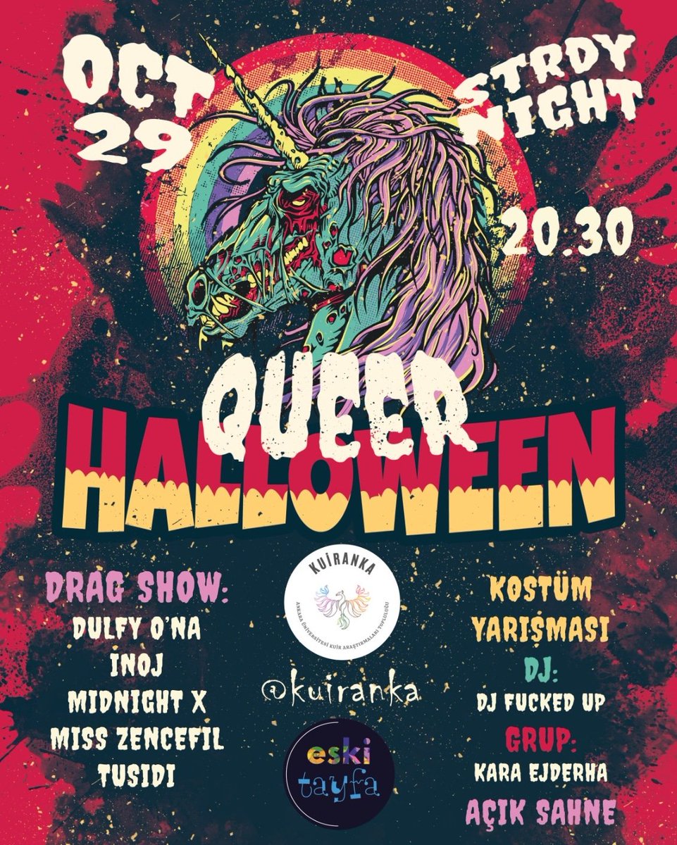 🎃 KOSTÜMÜNÜ HAZIRLA LUBUNYA 🎃

29 Ekim cumartesi akşamı KuirAnka ve EskiTayfa ortaklığıyla QUEER HALLOWEEN PARTY!

Saat 20.30'da açılışı yapıyor, sabahlara kadar partiliyoruz 👻

Ödüllü kostüm yarışması, açık sahne ve sürpriz oyunlarla bol gullümlü geceye herkesi bekliyoruz 🧟‍♀️