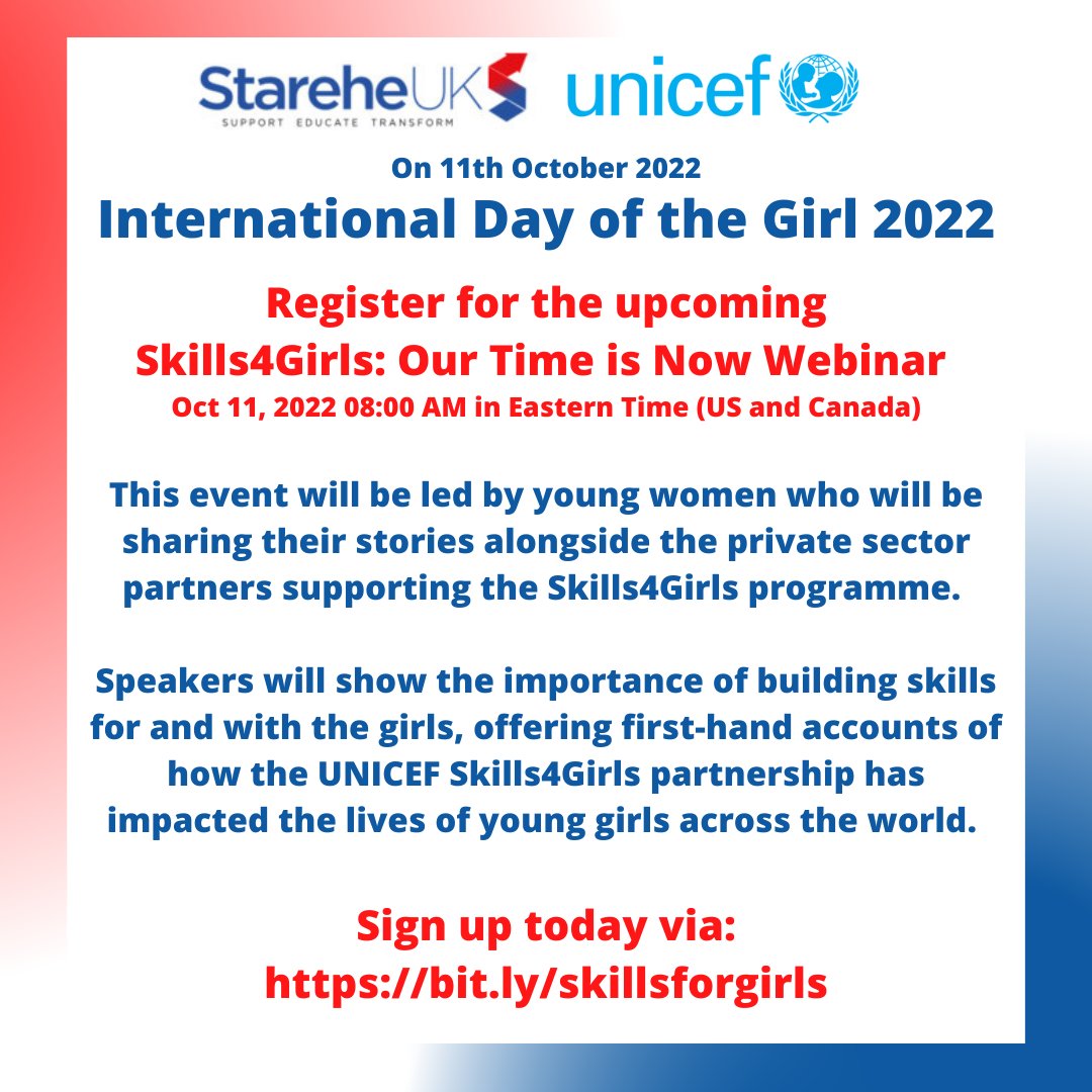 StareheUK's tweet photo. Register for the upcoming Skills4Girls: Our Time is Now Webinar on October 11th 2022

This event will be led by young women who will be sharing their stories alongside the private sector partners supporting the Skills4Girls programme. 

Sign up today via: https://t.co/Qjz7GatfRK https://t.co/sg7zml7zdv