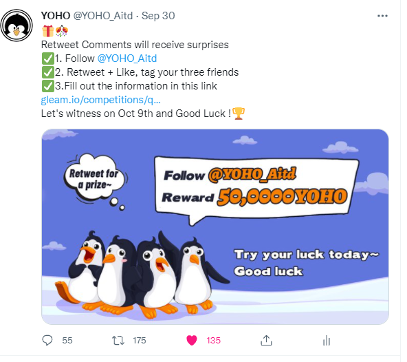 🎉10.1-10.8 Twitter Activity Winners
@王晓军
@Riko
<a href="/Chan/">Chantal</a>
<a href="/qingtai99001866/">青苔</a>
@黄燕飞
@LEUNG
@任哲
@tiva
@Lucy
<a href="/Rache1/">Rachel</a>

YOHO will be issued within 3 working days, look forward to it🥰