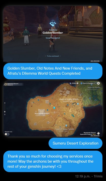GregPiloting's tweet photo. #gregsproofs
- Weekly Maintenance (28.09 - 4.10)
- Mondstadt Festival Event
- Golden Slumber, ONANF, Afratu's Dilemma World Quests
- Sumeru Desert Exploration
Thank you so much for using my services once more!
May the archons be with you throughout your genshin journey!!♡♡ https://t.co/w9onuKIFqa