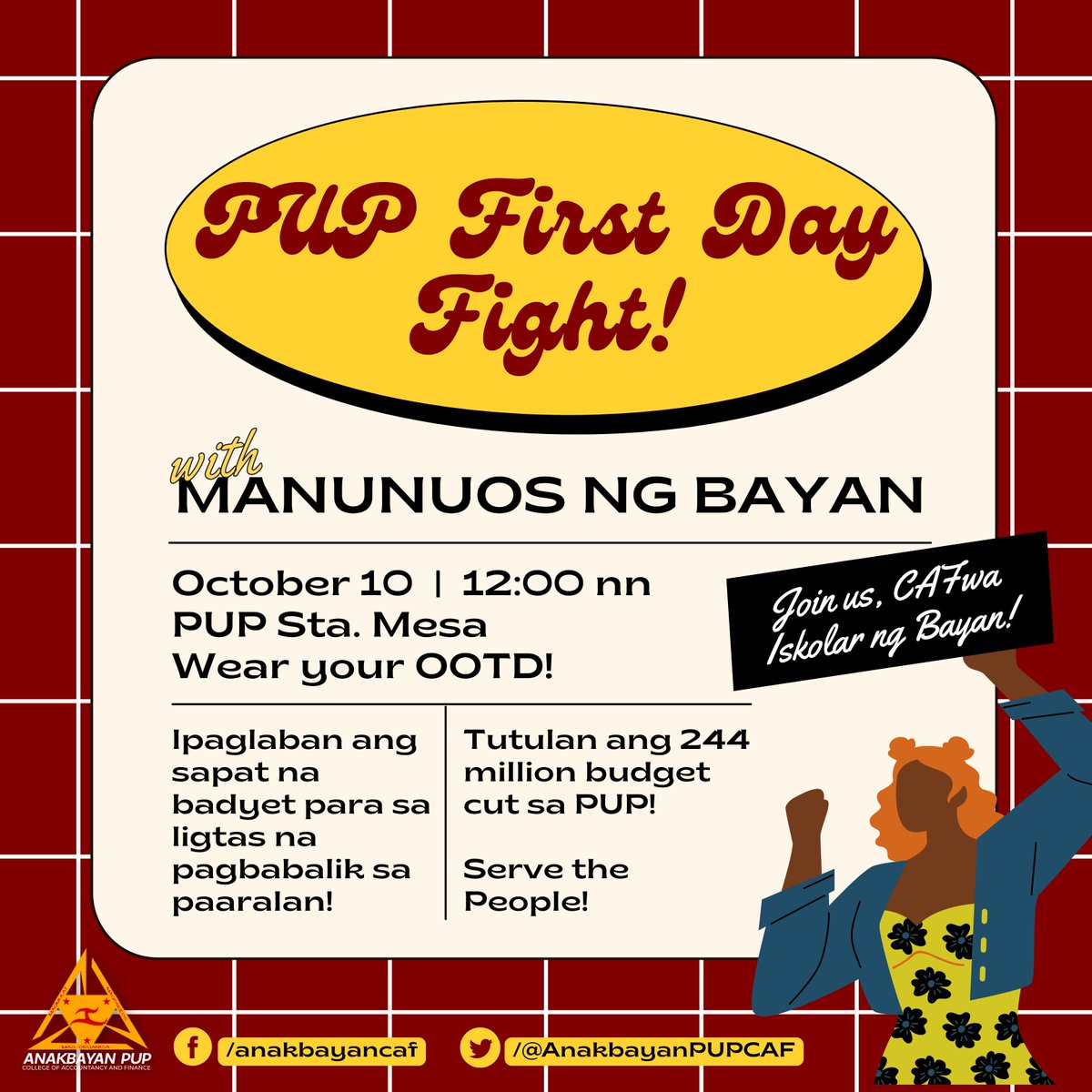 AnakbayanPUPCAF's tweet photo. MGA MANUNUOS NG BAYAN, SUMAMA SA FIRST DAY FIGHT!

Miss mo na ba si Sinta? Aba'y matagal na niya tayong hinihintay sa mahigit tatlong taong sumailalim ang mga Iskolar ng Bayan sa inepektibo at hindi makataong distance learning.

#BalikSinta2022
#FirstDayFight
#PUPBudgetItaas https://t.co/0fcbwi6O1H