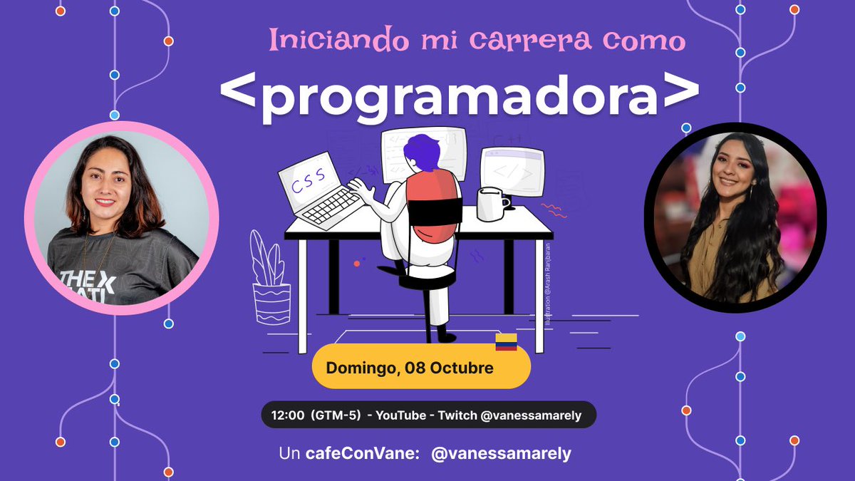 vanessamarely's tweet image. 📢Hoy tenemos live 😊🎉 @elizarangelm nos contará cómo inició como programadora en mi sección de #cafeCode o cafeConVane 😊  Twitch: m.twitch.tv/vanessamarely/ YouTube: youtu.be/N38FDFhpcdU