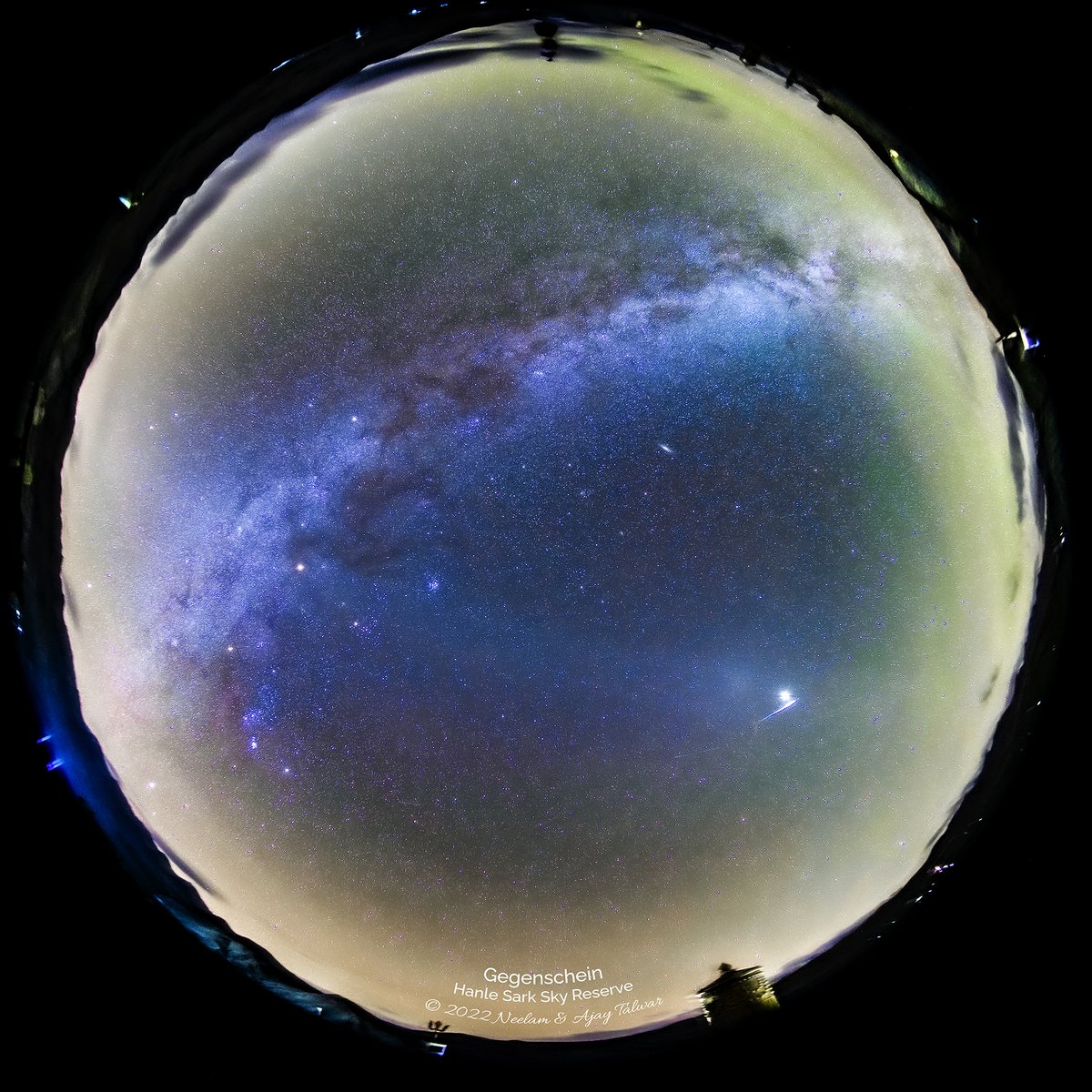 Gegenschein at Hanle Dark Sky Reserve

From outside of the image to inside 
Monastery Prayer Wheel 
Mountains of Hanle Dark Sky Reserve 
Meteor and Air Glow in atmosphere, 
Gegenschein, Zodiacal Light, Jupiter &amp; Mars in the Solar System
Milky Way
Andromeda &amp; Triangulum Galaxies