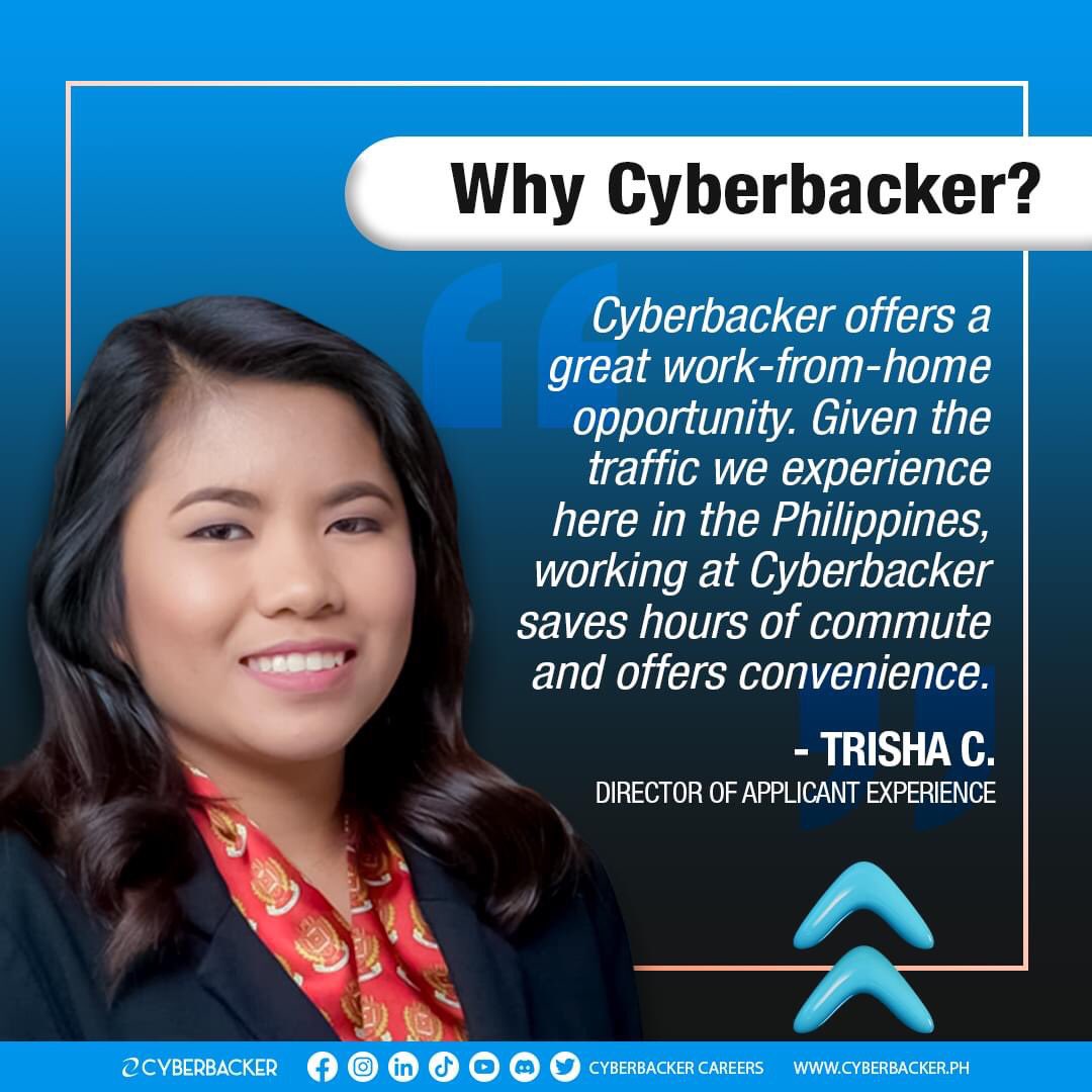 cb_career's tweet photo. "Cyberbacker offers a great work-from-home opportunity. Given the traffic, we experience here in the Philippines, working at Cyberbacker saves hours of commute and offers convenience." - Trisha C.

#remotejobs #jobs #JobSearch #workfromhome https://t.co/gWmorXeIhy