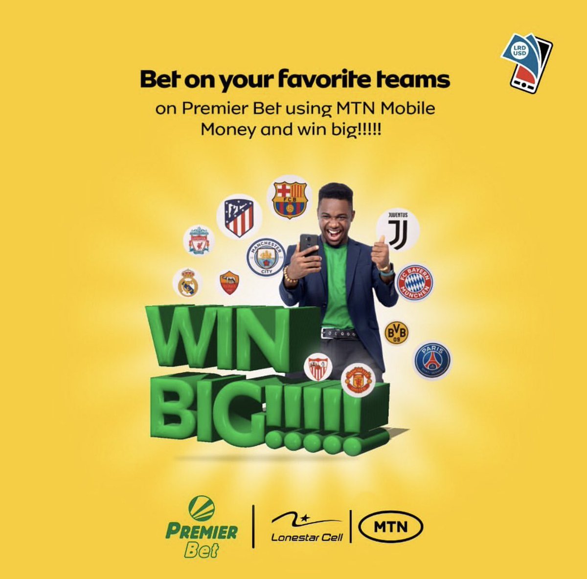 MTNlonestar's tweet photo. Use MTN Mobile Money to bet for your favorite teams on Premier Bet and stand a chance to win BIG this weekend! #MoMoMore https://t.co/kc1Sxb3HII