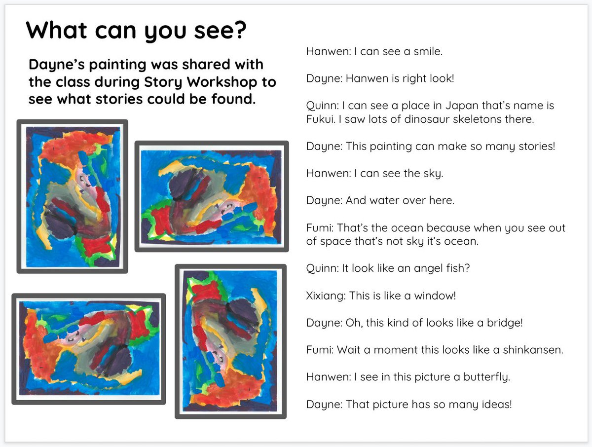 BrassNikki's tweet photo. The joy and excitement that comes from inspiring classmates who in turn ignite your own ideas. "This painting can make so many stories!" #yislearns @Playfulinquiry #perspective #earlyyears https://t.co/3aNwUSiS3b