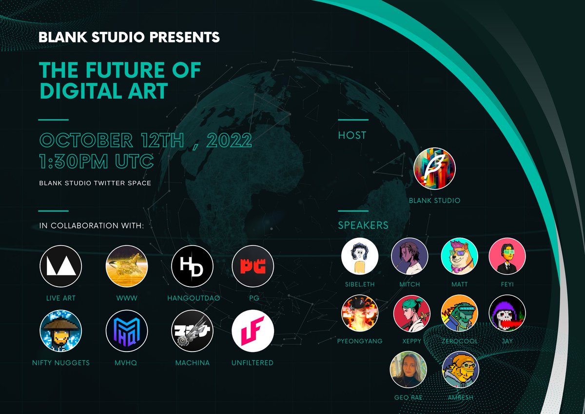 ★[BLANK PRESENTS THE FUTURE OF DIGITAL ART]★

Time: Oct 12th, 1:30pm UTC
Host: @themetalogist
Speakers: <a href="/MattCobuzio/">Matt</a>, <a href="/sibeleth/">Sibel</a>, <a href="/0xpyeongyang/">pyeongyang.eth</a>, <a href="/classicmitchup/">its mitch</a>, <a href="/GeoRaeNFT/">Geo Rae</a>, <a href="/feyi_x/">FΞYI</a>, <a href="/xeppy_eth/">Xeppy</a>, <a href="/zerocool_OG/">zerocool 🔴✳️</a>, @NNJayDTR, <a href="/amresheth/">Amresh.eth 🔴</a> 
🔗{x.com/i/spaces/1BRJj…}