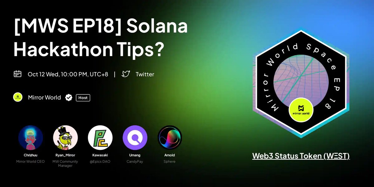 Mirror World Space EP.18 🔥

🎞 Series: #Web3 LFG 🕶

Topic: #Solana Hackathon Tips? 

🎁 Prize: Mirror Badge NFT
⏰ Time: October 12, 10AM EST, 10PM CST
🚩 Location: @joinmirrorworld Twitter #Space

x.com/i/spaces/1lPJq…