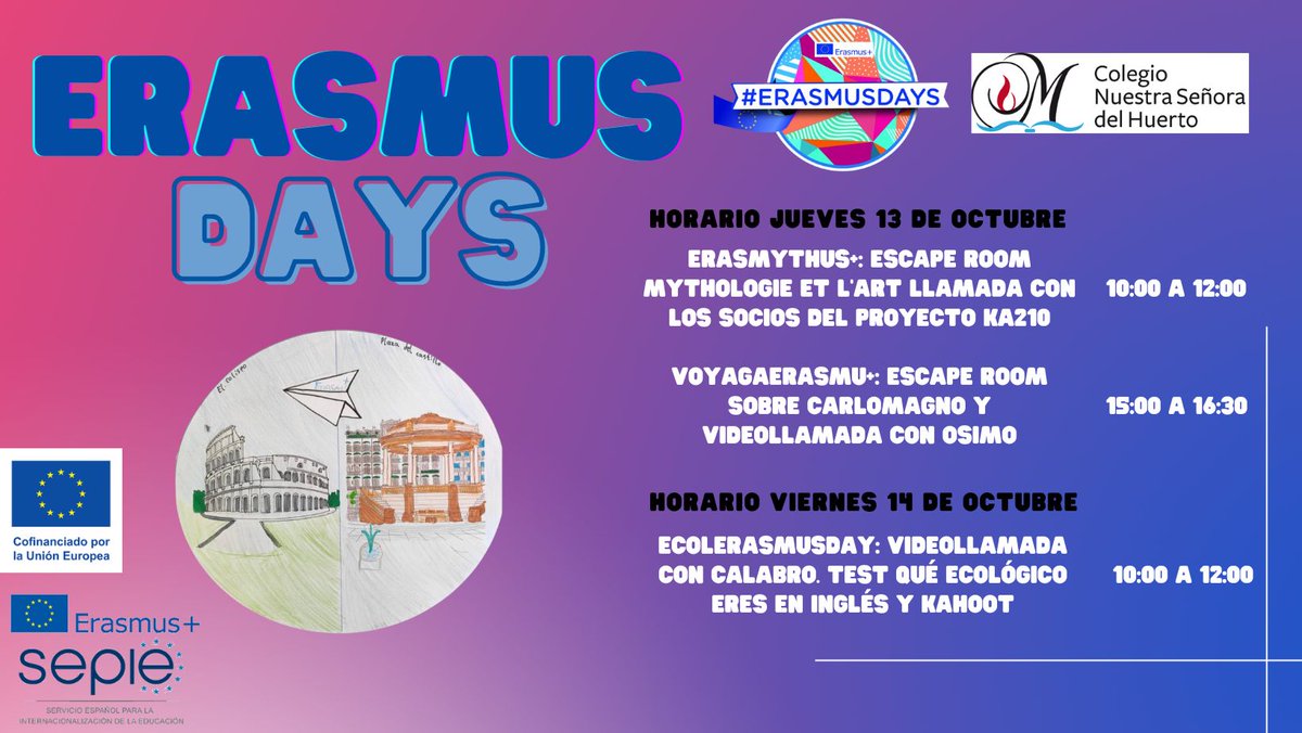 #ErasmusPlus Celebramos 3 eventos el 13 y 14 por los#ErasmusDays <a href="/colegioNSHuerto/">colegionshuerto</a> <a href="/sepiegob/">SEPIE</a> <a href="/EUErasmusPlus/">Erasmus+</a> <a href="/eTwinning_es/">eTwinning España</a> <a href="/eTwinningEurope/">eTwinningEurope</a> @corridonicampana @lyceeambroisepare <a href="/ErasmusPlus8/">Erasmus Plus</a>