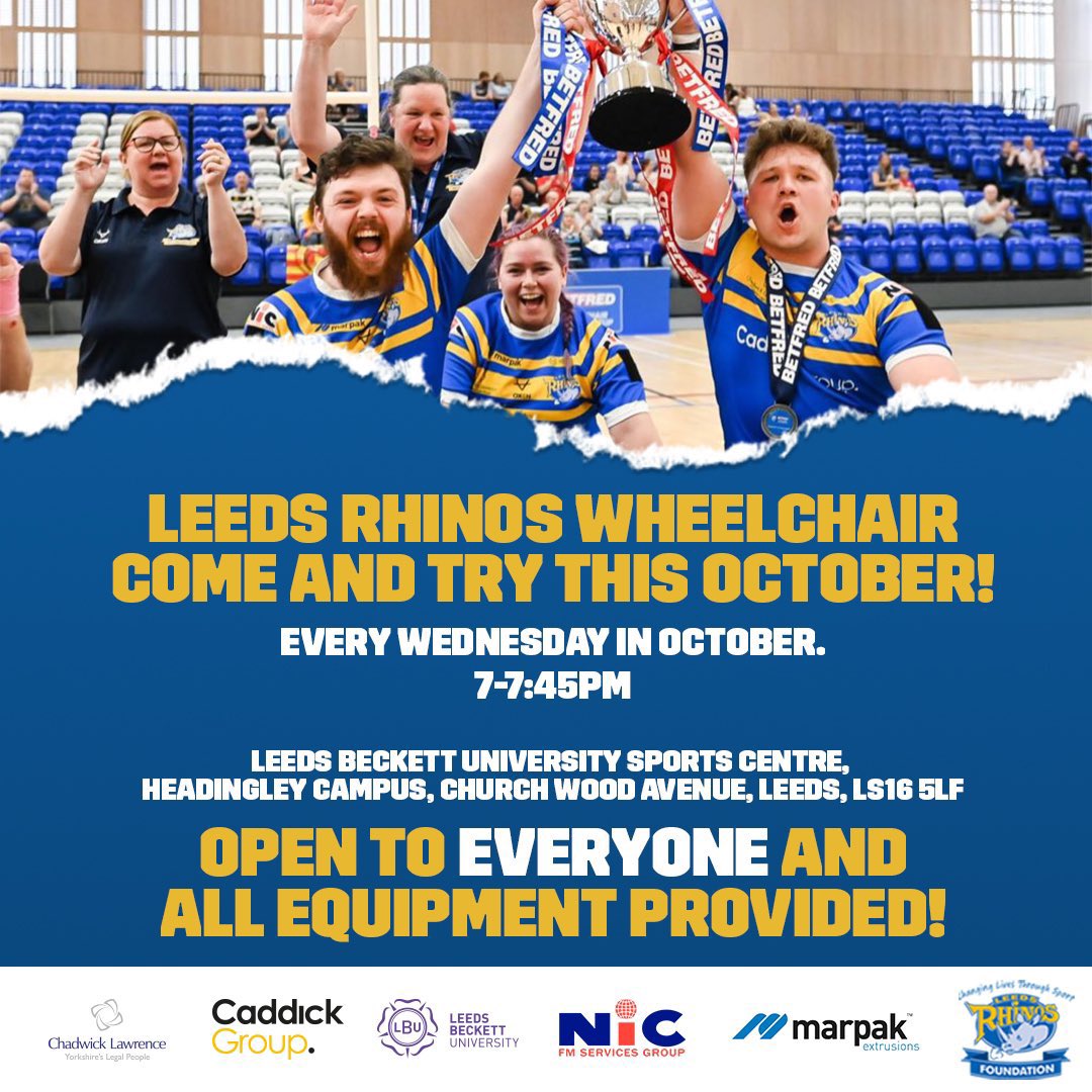 KarenCollins131's tweet photo. Come and experience this fantastic game in readiness for the @RLWC2021 .
#justrugbyleagueinaqheelchair
You won't be disappointed!
🦽🏉💙💛🏆🏆⭐👍🏻
@leedsrhinos 
@RugbyLeeds
@SportLeeds 
🦽🏉💙💛🏆🏆⭐👍🏻 https://t.co/xjCLq61afv