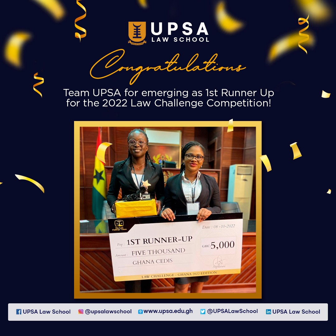 upsaccra's tweet photo. Congratulations to #TeamUPSA for emerging as 1st Runner-Up for the 2022 Inter-University Law Challenge.
We are proud of your accomplishment, gallantry and sterling performance throughout the competition. 🤝
#UPSA #weloveupsa😍 @UPSALawSchool https://t.co/QFs6ioQpQB