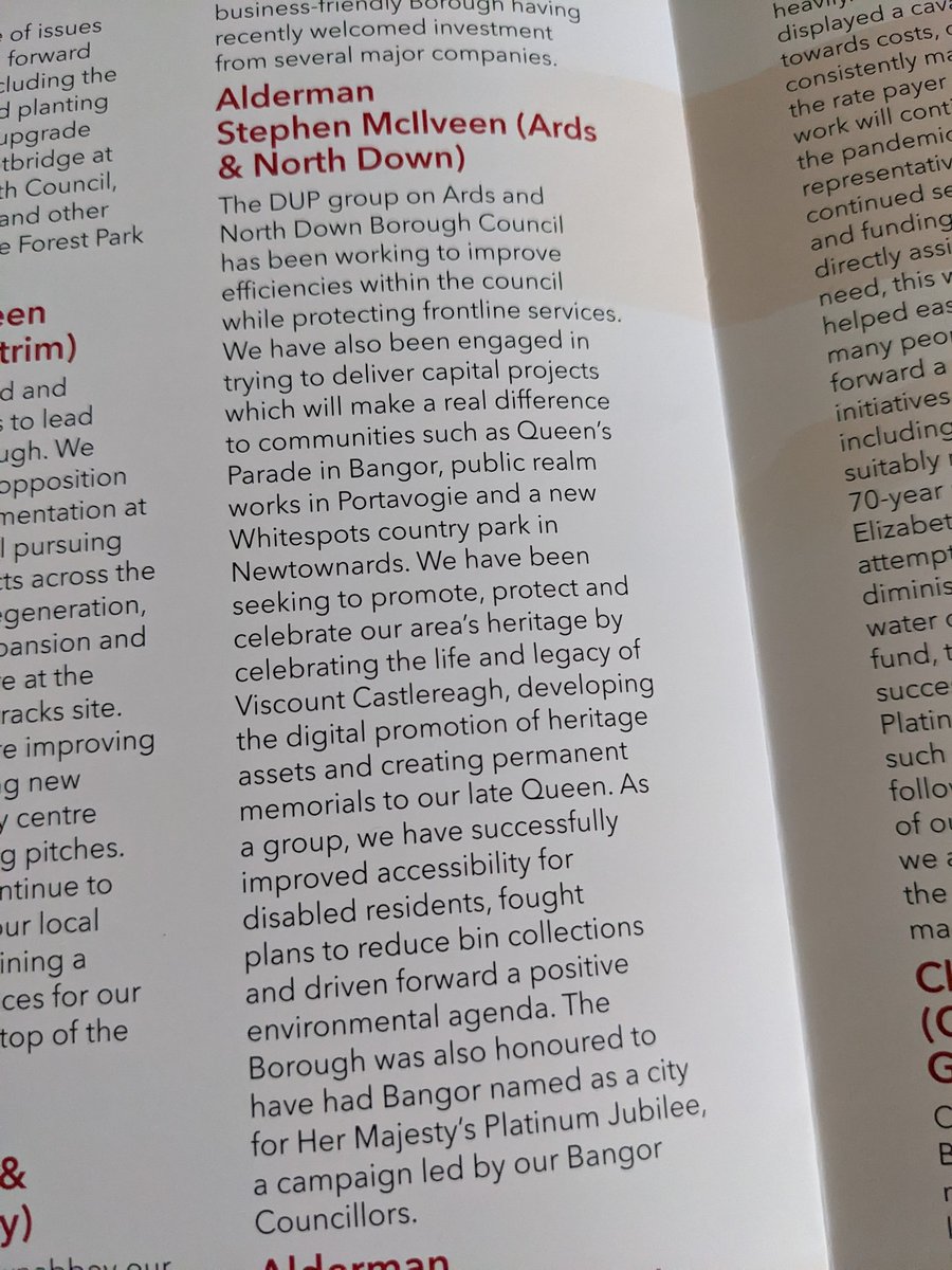 StephenMcIlveen's tweet photo. A wee section I wrote about our Council group in the DUP conference brochure. I couldn't really do justice to what the Ards and North Down Council group has done and achieved during the term in the space of 150 words. #delivery #community #DUP22 #MovingForwardTogether #LOVEARDS https://t.co/sviZ01TvYJ