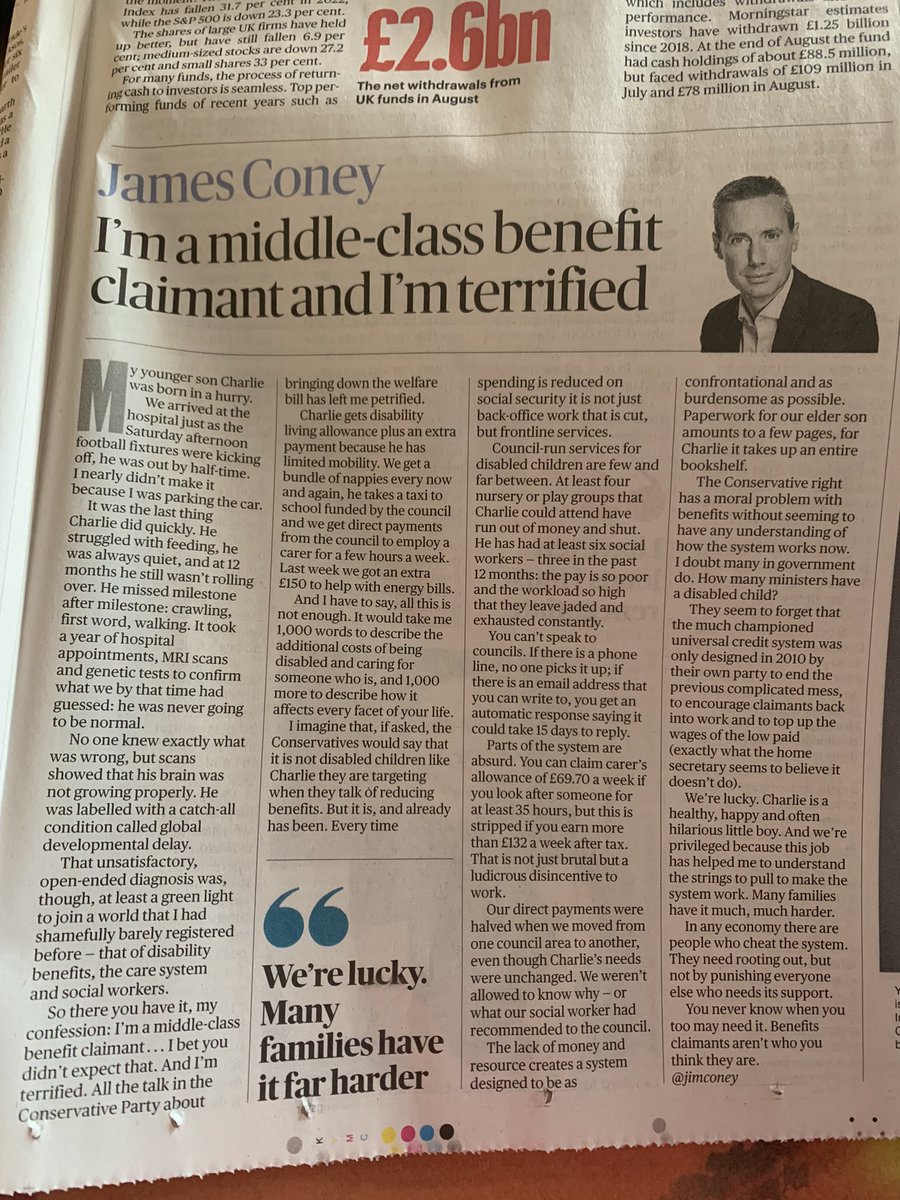 <a href="/jimconey/">James Coney</a> is a “benefits scrounger” he’s also an editor at the Sunday Times &amp; Charlie’s dad. James represents the families of 1.2m disabled kids with this candid piece. Take time to read particularly if you have sway with government 🙏 @EmmaTuckerST #SEND #Benefits <a href="/DCPcampaign/">Disabled Children's Partnership</a>