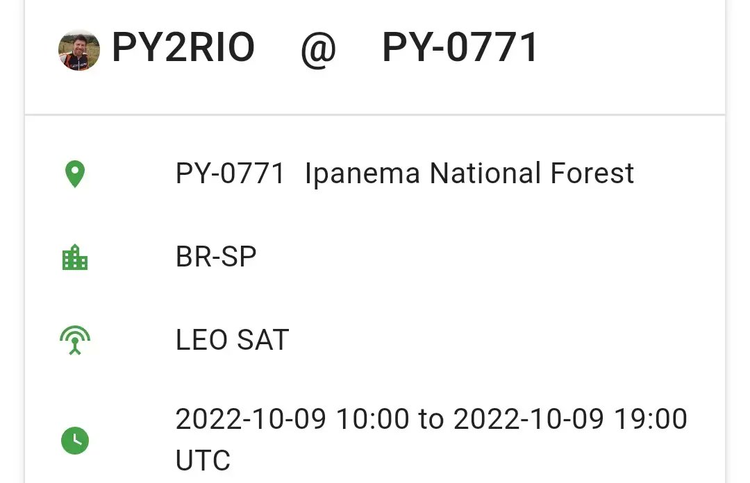 py2rio's tweet photo. https://t.co/BYj5pNyLOz
POTA ALERT PY-0771 Ipanema National Forest. Today! Sunday morning! Octo. 09. Only LEO SAT
#parksontheair #The_Grid_Life #GridMasterHeat #GridMaster.fr
#jamsat
#POTAspots
#AmsatUK
#ARSATC_
#1C_SO50
#qtcecra
#Sats_HC
#AMSAT
#Diwata2PH https://t.co/eH1CW1Jaoz
