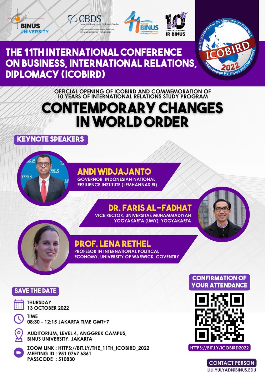 irbinus's tweet photo. CBDS IR Binus proudly presents:

The 11th International Conference on Business, International Relations, and Diplomacy (ICOBIRD)
"Contemporary Changes in World Order"

@BINUS_UNIV @BinusResearch #FosteringAndEmpowering https://t.co/bINrT6Wn85