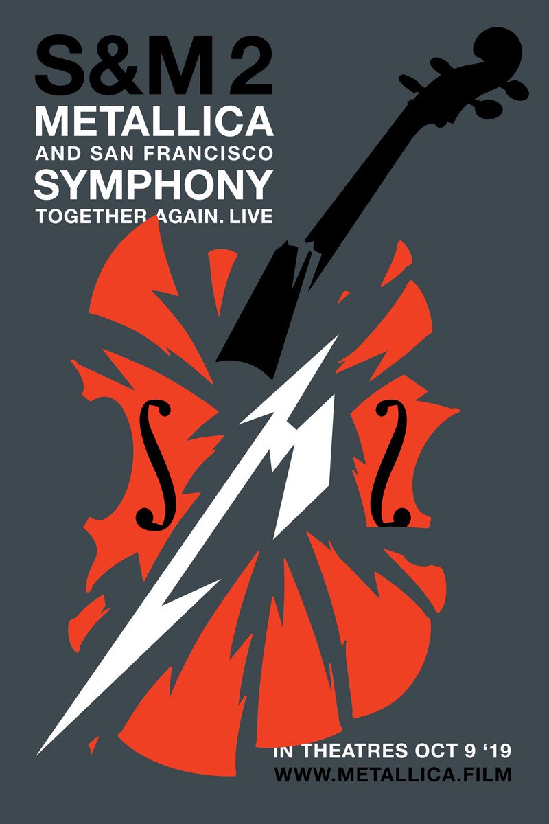 BookOfMetallicA's tweet image. October 9th, 2019: S&amp;amp;M2 hits theaters around the world!

The Music/Concert brings both nights of the historic collaboration with @SFSymphony to the big screen.

#Metallica