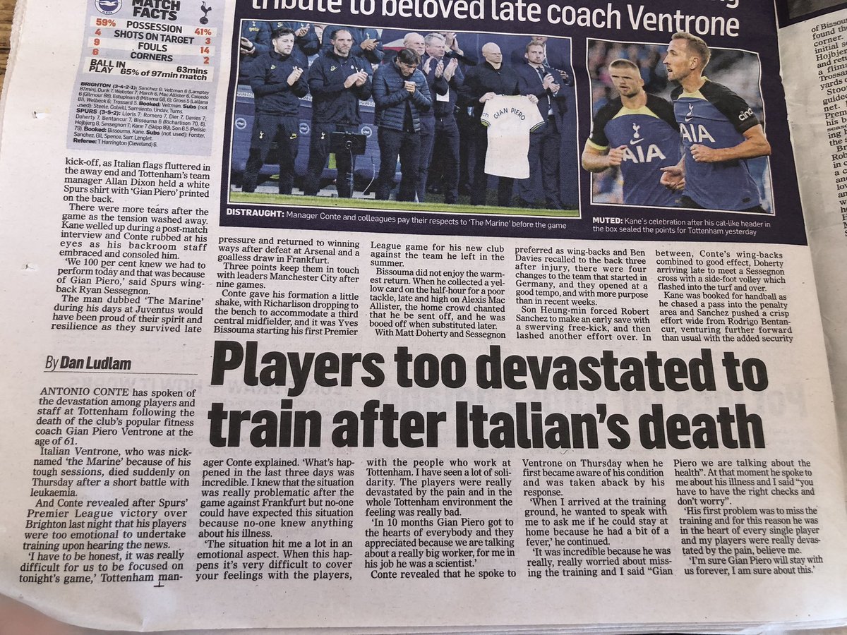 Antonio Conte spoke so emotively last night about Gian Piero Ventrone’s death. The devastation among players and staff upon hearing the news and the difficulty of trying to prepare for Brighton. Piece in the Mail on Sunday 👇 @MailSport #THFC