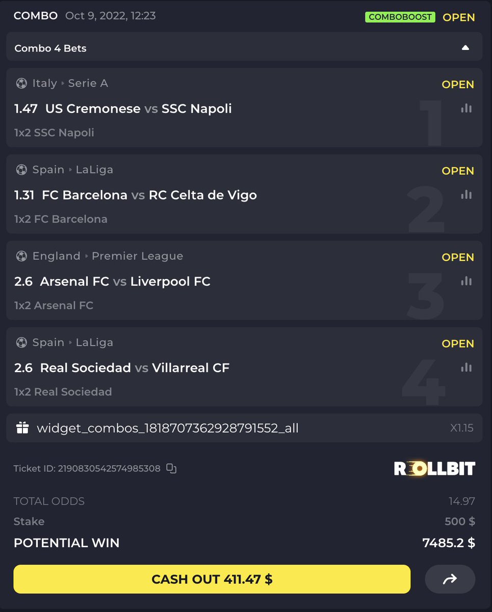 Little Comboboost parlay bet I took today 👀
@rollbitcom 

Will giveaway $100 #BTC if I hit this to someone who retweets this and follows @RollbitRewards