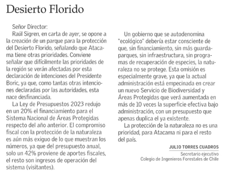 Carta al director publicada hoy en El Mercurio. Sin mayor financiamiento no es posible proteger la naturaleza.