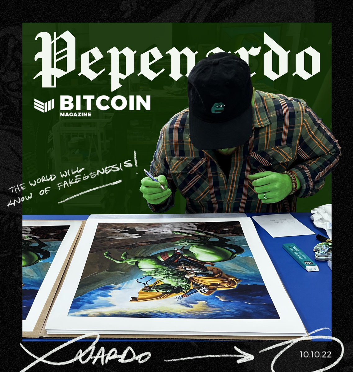 NARDO (@pepenardostudio) on Twitter photo This has been a long time in the making. Incredibly honored to tease the release of my collaboration with <a href="/BitcoinMagazine/">Bitcoin Magazine</a> #Bitcoin
Tomorrow, 10.10.2022. This has been a long time in the making. Incredibly honored to tease the release of my collaboration with <a href="/BitcoinMagazine/">Bitcoin Magazine</a> #Bitcoin
Tomorrow, 10.10.2022.