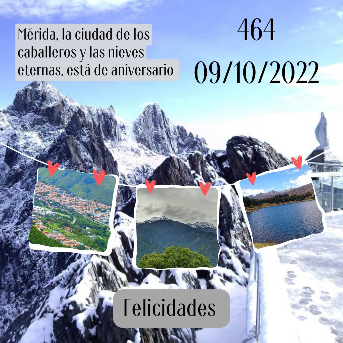 wulliams's tweet photo. Hoy, mi Mérida, la ciudad de los caballeros y las nieves eternas, está de cumpleaños.
FELICES 464
.
#Merida #meridavzla #meridavenezuela #ciudaddeloscaballeros #nieveseternas #464 #9deoctubre #aniversario #meridahermosa https://t.co/e0pj0aYyNL