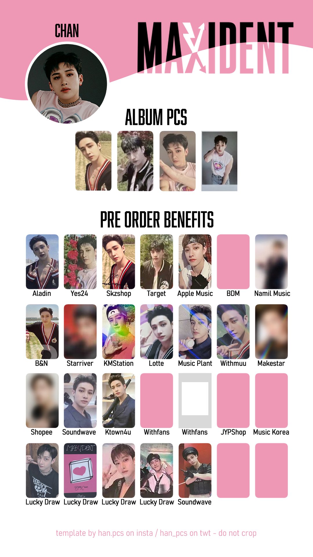 han ~ 여상 🐇🌙 on X: Maxident Stray Kids album + pre order benefit pc  template! Updated with new previews and polaroids Chan, Changbin, Felix,  Han #MAXIDENT #StrayKids  / X