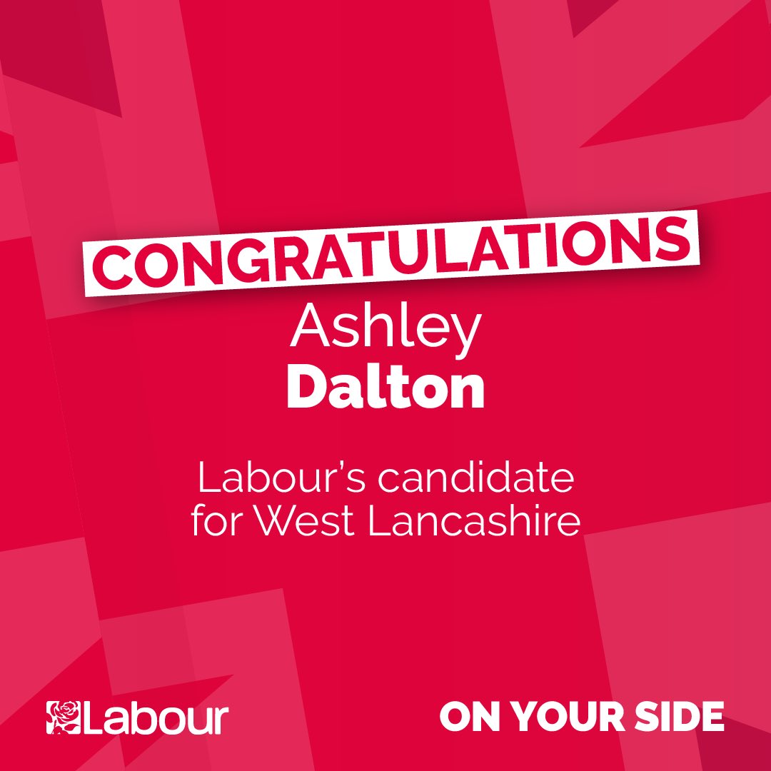 Congratulations @Ashley__Dalton, our candidate for the West Lancashire by-election.

12 years of Conservative government are hitting families in West Lancs hard.

We need an MP that’s on our side. Ashley will stand up for West Lancs and be a strong champion for our community.