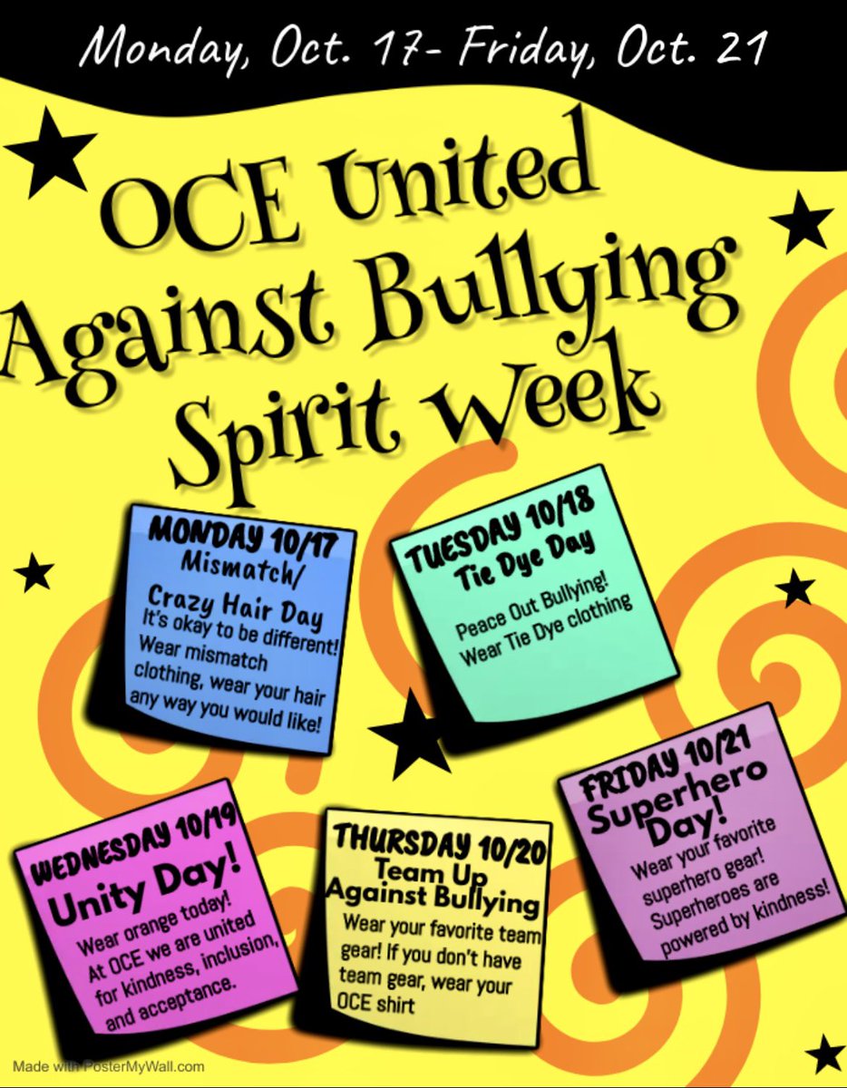 CounselorsOce's tweet photo. October is Bullying Prevention Month! We hope everyone can participate in "OCE United Against Bullying Spirit Week"! 🧡Oct. 17-Oct. 21🧡 @OliveChapelElem @ErinKelleyMay @AshleyPCharles @jmboyer @OcePta @WakeSchCounslor #bekind #bebrave #beyou #ocestrongertogether https://t.co/HIchM1zyf5