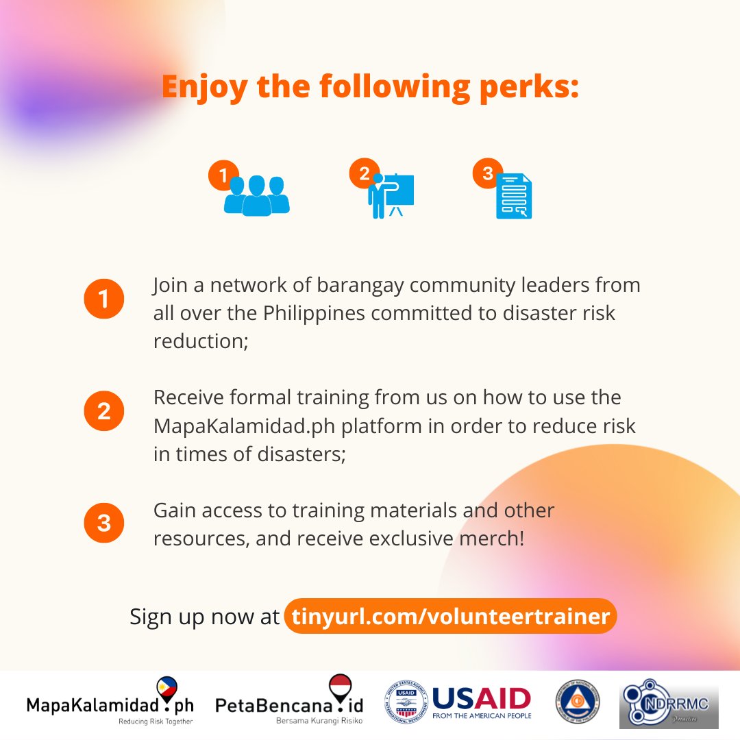 mapakalamidad's tweet photo. https://t.co/fcJsMNusxX is on the lookout for Volunteer Trainers! 

We are inviting you to attend the Getting to Know and Orientation Session on October 29, 2022, Saturday, from 2:00PM-4:00PM. 

Register now at https://t.co/K6Yf2ilC0U and join us in #ReducingRiskTogether! https://t.co/kQ2Pciglv5