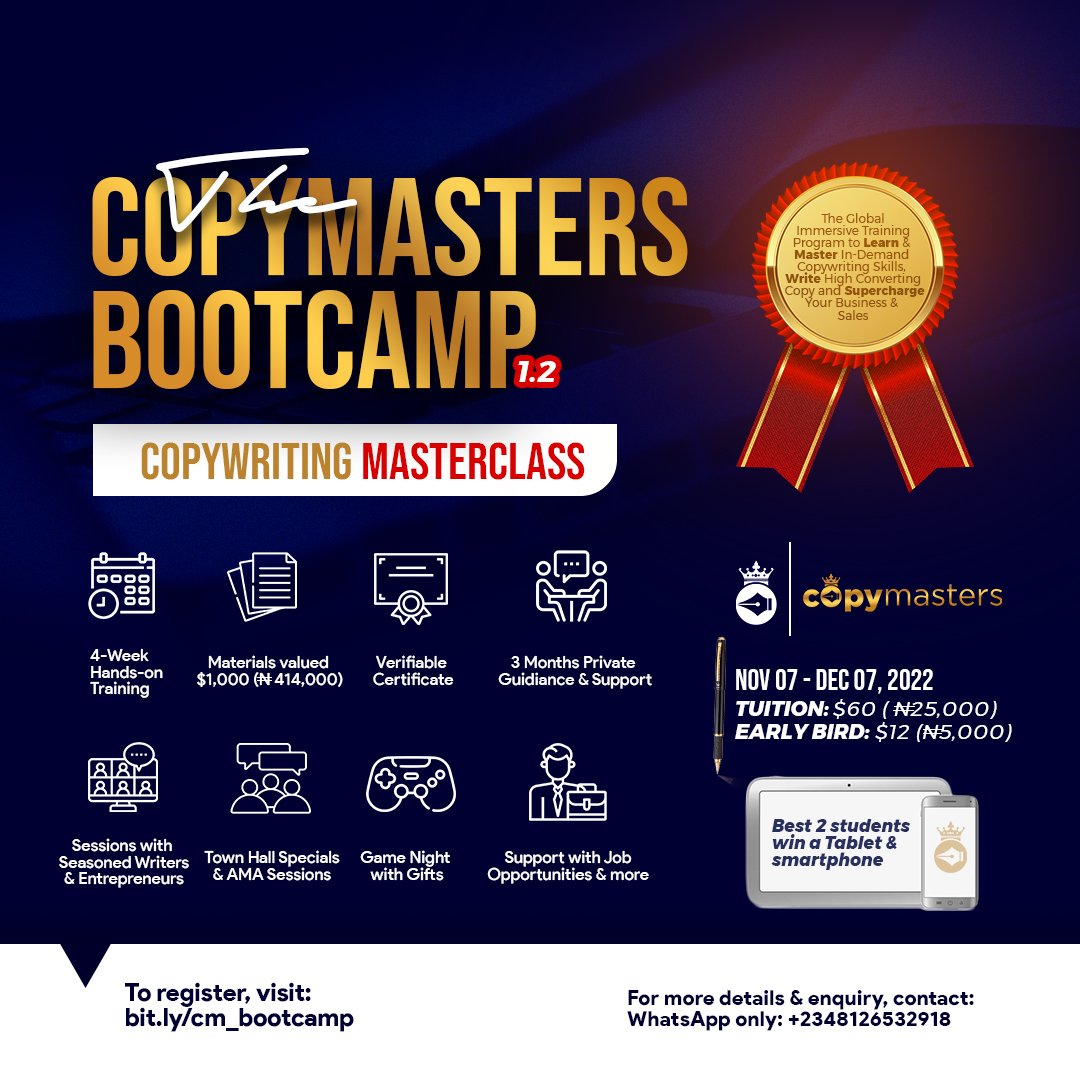 firstladymuah's tweet image. ADMISSION INTO THE COPYMASTERS BOOTCAMP 1.2 IS NOW OPEN‼️

To register, visit 👇🏽
bit.ly/cm_bootcamp

#Freelancers #CopyMasters #KopyMasters #marketing #copywriting